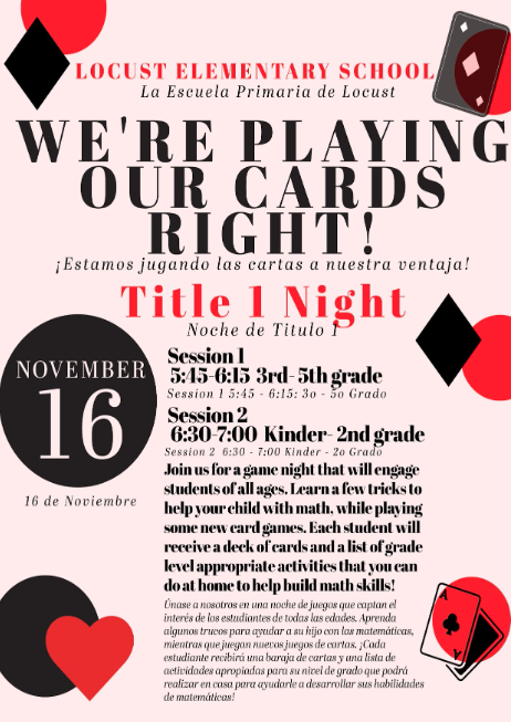 Please join us for Title 1 Night on Thursday, November 16th Session 1 5:45- 6:15 3rd-5th Session 2 6:30- 7:00 Kindergarten-2nd