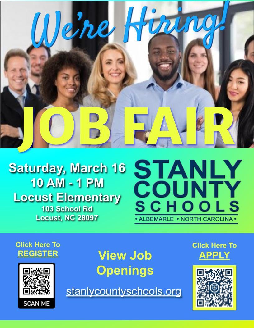 Stanly County Schools Job Fair March 16th 10 AM to 1 PM